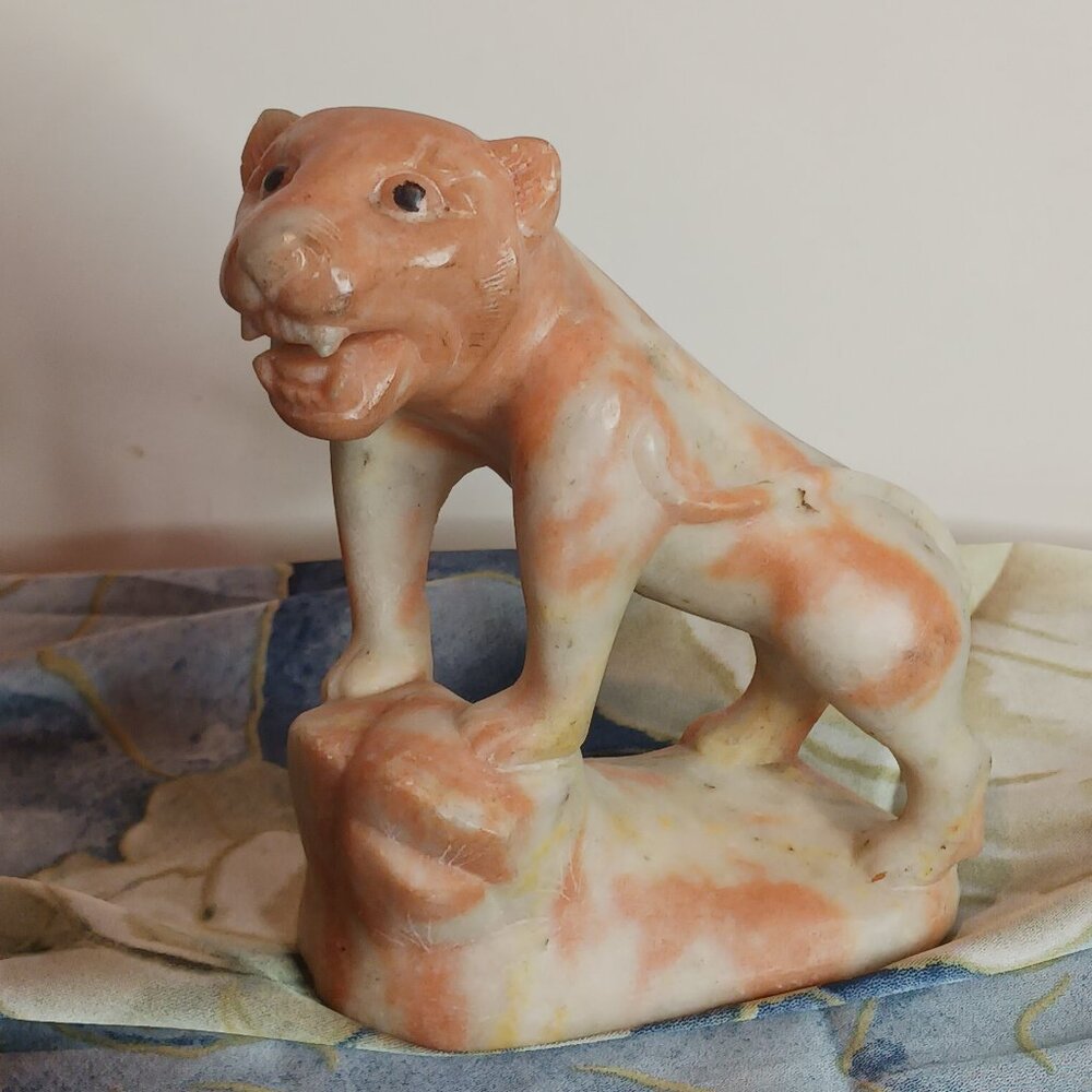 Red and White Jade Asian Tiger Sculpture